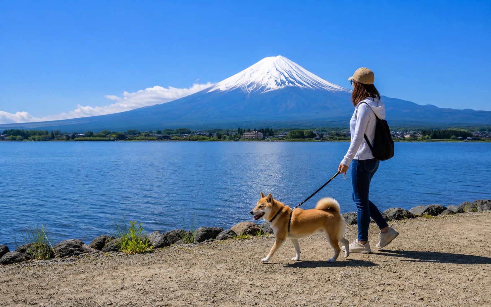 山梨県から富士山を犬と眺める旅行イメージ