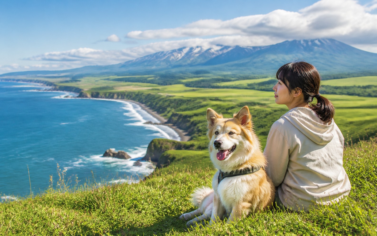 北海道の海と山並みを犬と旅する旅行イメージ