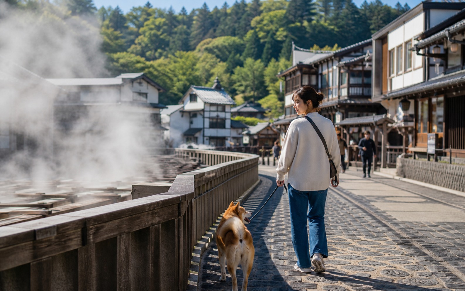 群馬県の山あいを犬と訪れる旅行イメージ