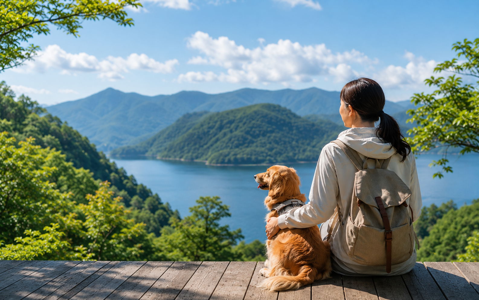 犬と一緒に自然の中へ旅行する様子